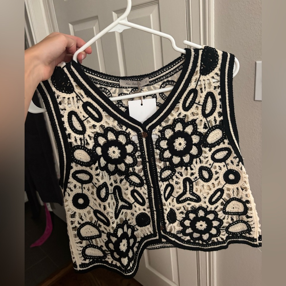 Black and Cream Crochet Sleeveless Top